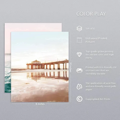 Vista 2 de Juego de 6 impresiones costeras para pared, diseño estético junto al mar, estrellas de mar, arena, paseo marítimo, olas del océano, pósteres