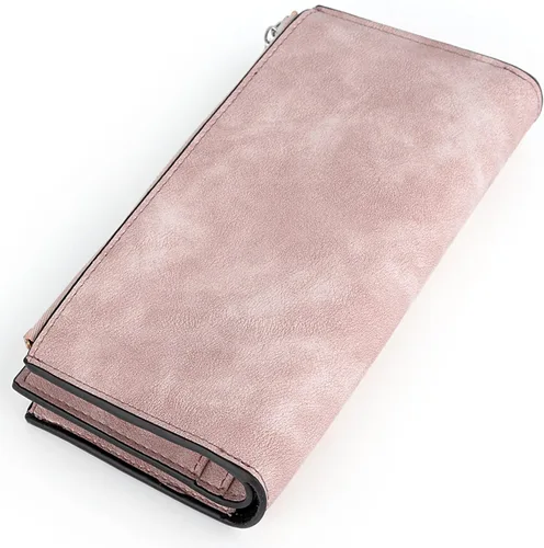 Vista 5 de UTO Cartera RFID para mujer de piel sintética mate con cremallera y cierre a presión, Rosado