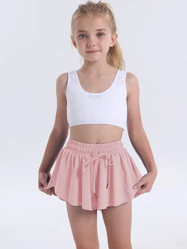 Vista 3 de Pantalones cortos fluidos para niñas con forro de elastano 2 en 1, faldas de mariposa para jóvenes, para fitness, correr, tenis, deportes, uso casual