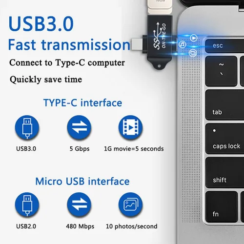Vista 4 de Adaptador 2 en 1 tipo C y Micro USB a USB 3.0 - Soporta función OTG