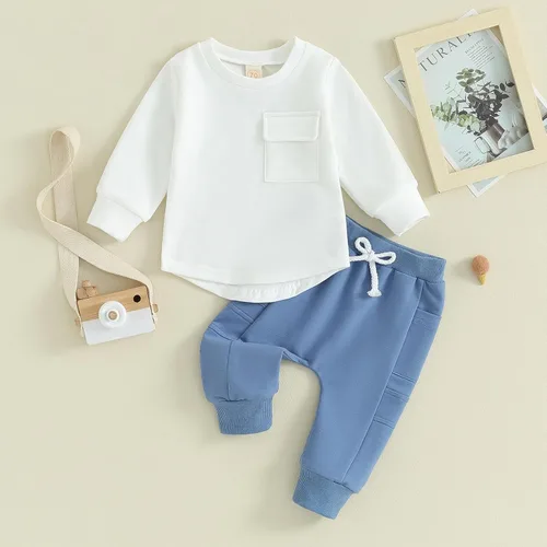 Vista 3 de Conjunto de 2 piezas de sudadera de manga larga con bolsillo para bebé, camiseta y pantalones, conjunto de sudadera de otoño