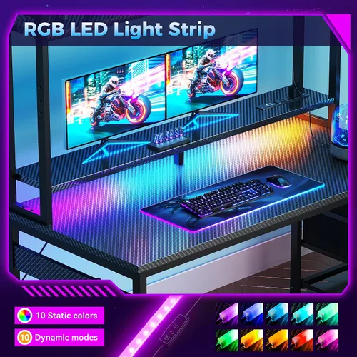 Vista 4 de Casaottima - Escritorio de juegos de 48 pulgadas con alacena y 3 cajones de tela, escritorio para computadora con puertos USB y luces LED, mesa