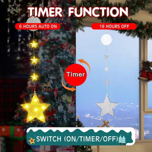 Vista 4 de 3 piezas de luces de ventana de Navidad - Decoraciones de ventana de Navidad con pilas con luces en forma de árbol, copo de nieve y estrella