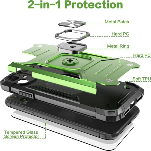 Vista 6 de Funda delgada para iPhone 11 con protector de pantalla, absorción de golpes, resistente a prueba de caídas, con soporte de automóvil, funda Verde