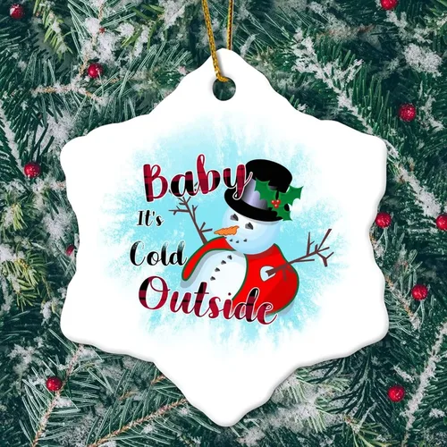 Vista 5 de Adorno de cerámica de copo de nieve de 3 pulgadas con diseño de muñeco de nieve de bebé hace frío afuera muñeco de nieve colgante de porcelana