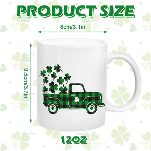 Vista 2 de Whaline Juego de 2 tazas del Día de San Patricio de 12 onzas con diseño de trébol a cuadros de búfalo para café, tazas de cerámica irlandesa a