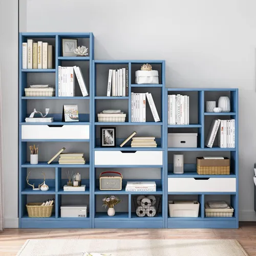 Vista 6 de IOTXY - Estantería de madera con espacios abiertos, 51" de altura, organizador de almacenamiento con 7 cubos y un cajón, estante de piso, color azul