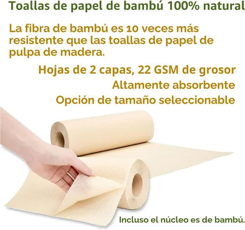 Vista 2 de Toallas de papel 100% de bambú, sin árboles, sin químicos, sin pelusas, duraderas, absorbentes, tamaño seleccionable de 2 capas, 90 hojas por rollo.
