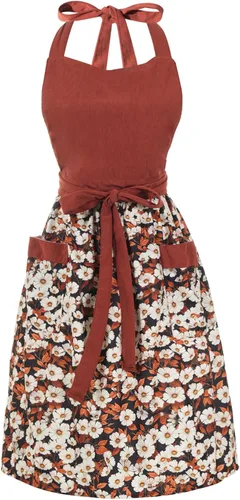 Vista 9 de Bonitos delantales florales para mujer con bolsillos, delantal de algodón ajustable con correa para el cuello para cocina, cocina, hornear