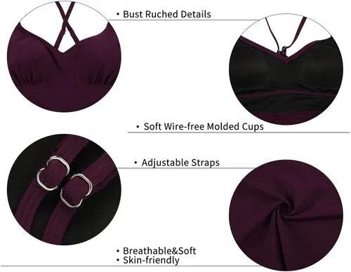 Vista 4 de Hilor Tankini para mujer, cuello en V, traje de baño fluido con espalda cruzada