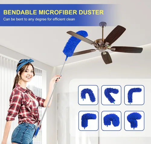 Vista 2 de Plumeros para limpieza, plumero Newliton con poste de extensión, plumero de microfibra para ventilador de techo y telarañas, plumero largo