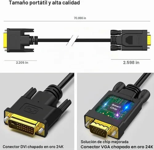 Vista 6 de BENFEI Cable DVI-D activo a VGA, DVI-D 24+1 a VGA de 6 pies macho a macho chapado en oro