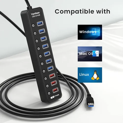 Vista 6 de vantisan Concentrador USB 3.0 alimentado, extensión divisor de concentrador USB de 11 puertos, 7 puertos de datos USB 3.0 + 4 puertos de carga