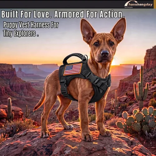 Vista 2 de Arnés táctico para perros pequeños, chaleco para perros de servicio militar con mango de goma, arnés de entrenamiento ajustable K9 con paneles MOLLE