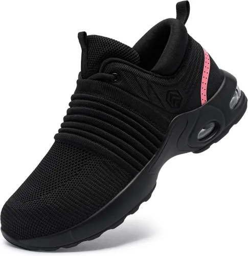 Vista 8 de FENLERN - Zapatos con punta de acero para mujer, tenis de seguridad ligeros con amortiguación de aire, zapatos de trabajo resistentes, fáciles