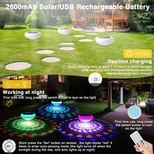 Vista 4 de QOLNBY Luces de Piscina, 2 en 1 Solar USB Recargables Luces Flotantes para Piscina, 6.69 Pulgadas 2600mAh IP68 Impermeable 6 Modos Dinámicos