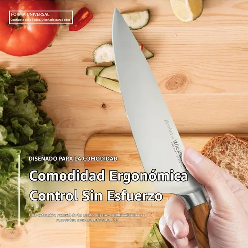 Vista 9 de WICKWILLOW - Cuchillo de chef de 8 pulgadas – Cuchillo de cocina de acero sueco ultra afilado con mango de madera de olivo italiano – Cuchillo