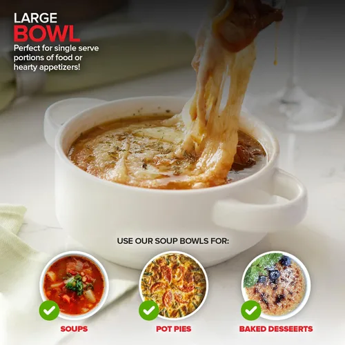 Vista 7 de Modern Innovations Cuencos de sopa de cebolla francesa de 20 onzas con asas en color blanco (juego de 4) aptos para horno y microondas, gres