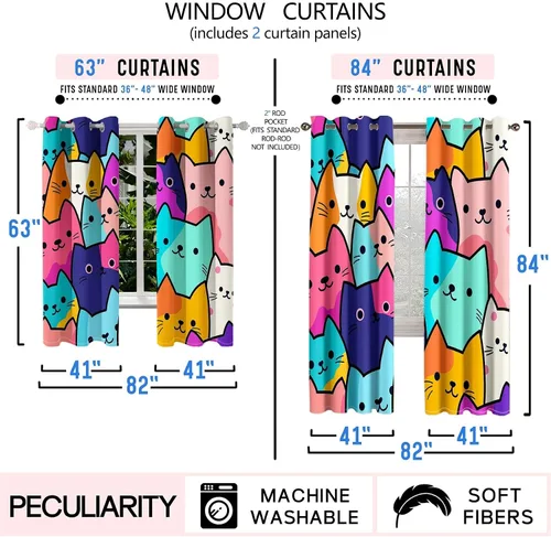 Vista 5 de Cortinas de Gato - Lindas Cortinas Opacas de Gato para Habitación de Niños Decoración Kawaii para Dormitorio de Niñas, 2 Paneles, 82 x 63 pulgadas