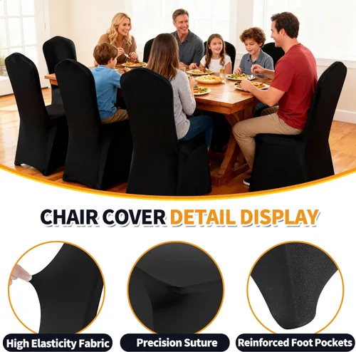 Vista 4 de Yahpetes 2 fundas para silla, de poliéster negro, fundas para sillas de banquete, parte delantera plana, elásticas, de elastano, para bodas