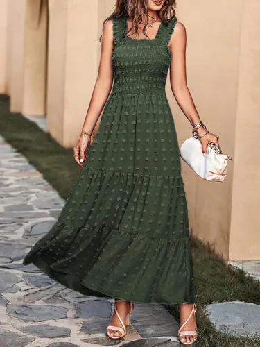 Vista 3 de MASCOMODA Vestido largo bohemio sin mangas fruncido para mujer, con tirantes de hombro sólidos, lunares suizos, acampanado, para fiesta, escalonado