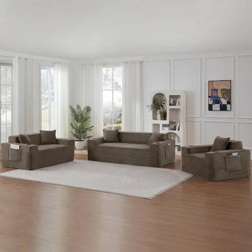 Vista 27 de Sofá sin hueso de 66.5 pulgadas con portavasos y bolsillos laterales, sofá biplaza tapizado de tela de pana moderna con 2 almohadas para sala