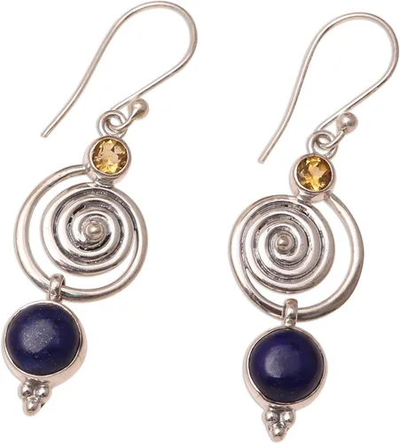 Vista 3 de Novica Aretes colgantes de lapislázuli y citrino en espiral con piedras preciosas para niñas y mujeres, Plata, No es una piedra preciosa