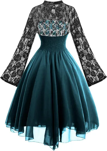 Vista 3 de Women's Long Sleeve Gothic Dress with Corset Lace Swing Cocktail Dress Sexy Halloween Costumes 2023