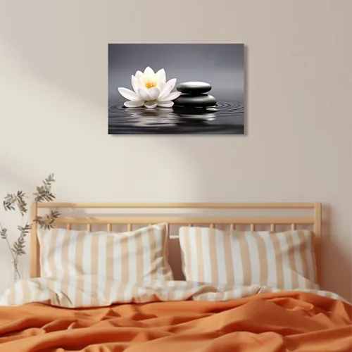 Vista 2 de QIXIANG Arte de pared Zen con piedras negras y flores de loto blanco, impresiones sobre lienzo para yoga, spa, meditación, decoración de baño