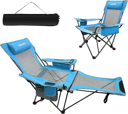 Vista 10 de Paquete de 2 sillas reclinables de camping de 4 posiciones con reposapiés, cómoda para adultos, silla de playa plegable de malla de 265 libras