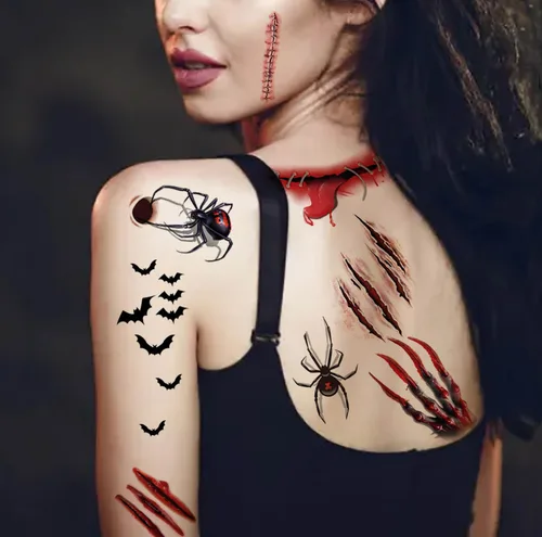 Vista 4 de Tatuajes temporales de gran tamaño, 10 hojas de tatuajes de cosplay de Halloween, tatuajes temporales realistas de boca grande, tatuaje de cicatriz