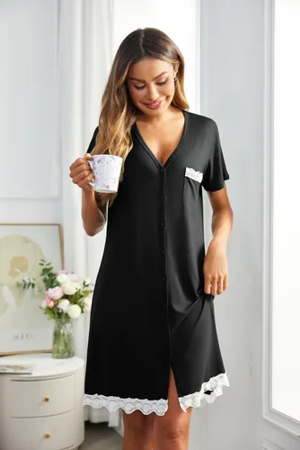 Vista 3 de Ekouaer Camisones a rayas con botones para mujer, camisones de manga corta