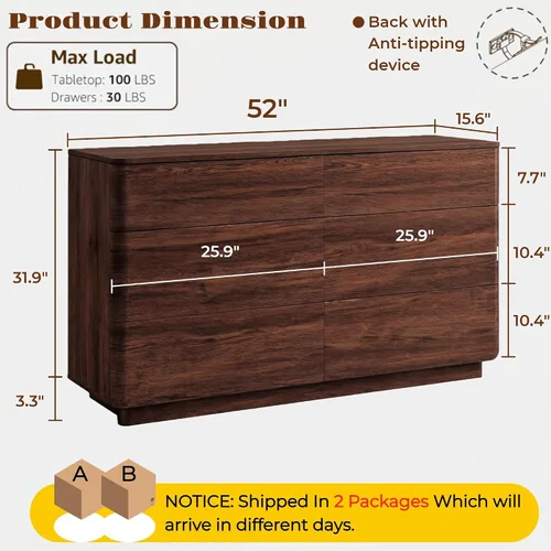Vista 2 de ACCOHOHO Cómoda moderna de 6 cajones para dormitorio, cómoda de madera de 52 pulgadas de ancho con gran almacenamiento, cómoda sin asas, soporte