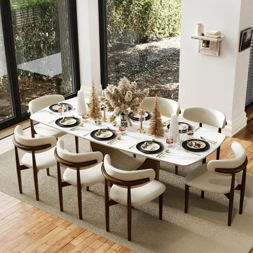Vista 18 de POVISON Juego de mesa de comedor para 4, mesa rectangular negra de piedra sinterizada mate de 63 pulgadas con base de acero al carbono bronce, silla