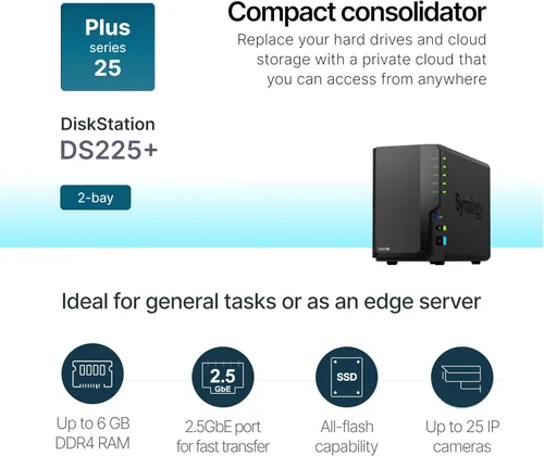 Vista 2 de Synology DiskStation DS225+ de 2 bahías (sin disco)