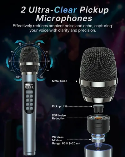 Vista 3 de Máquina de karaoke con 2 micrófonos inalámbricos, sistema PA portátil con luces LED, Bluetoot 5.3, altavoz de fiesta compatible con tipo C, USB