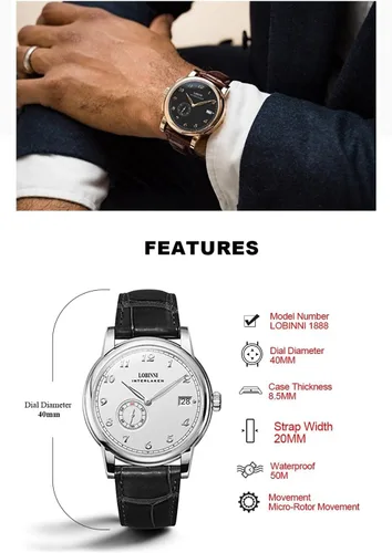 Vista 23 de LOBINNI Reloj mecánico automático impermeable de muñeca masculina vestido masculino moda lujo negocios relojes