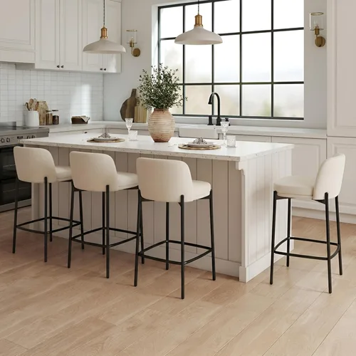 Vista 9 de 26 Inch Counter Height Bar Stools Set of 2, Modern Barstools, Beige Breathable Linen Upholstered Counter Stools, Ergonomic Backrest, Black Metal