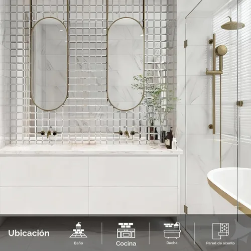 Vista 2 de Diflart 32 azulejos de espejo para despegar y pegar, plateado, 3 x 3 pulgadas, espejo biselado cuadrado para cocina, azulejos de pared