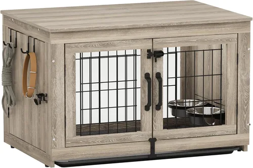 Vista 9 de Piskyet Mueble de Jaula para Perros de Madera con Cuencos para Perros Giratorios Extraíbles de 360°, Mesa Auxiliar de Jaula para Perros con Bandeja