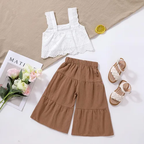Vista 3 de mlpeerw Conjunto de ropa de verano para niñas pequeñas, sin mangas, chaleco superior + pantalones largos rectos, 2 piezas, 1-6 años, Encaje
