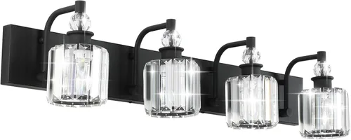 Vista 14 de Ralbay - Luces de tocador de cristal, 2 luces, modernas lámparas de cromo de cristal para iluminación de baño, para usar sobre el espejo