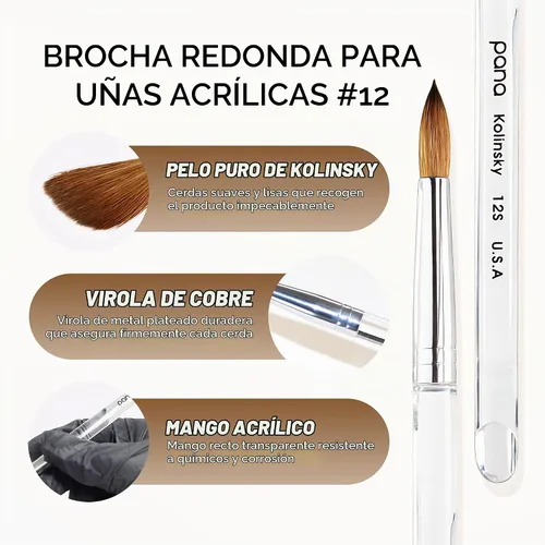 Vista 3 de PANA Pure Kolinsky Cepillo de uñas acrílico con mango de madera - forma redonda Transparente