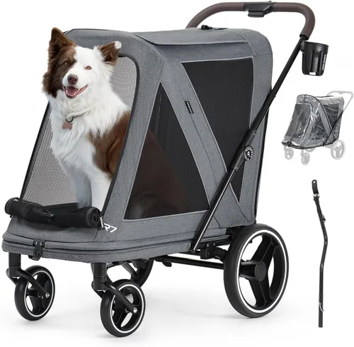 Vista 11 de Beberoad Cochecito para mascotas para perros medianos, cochecito plegable de un segundo, R7 todo terreno con neumáticos ER, malla de doble ventana