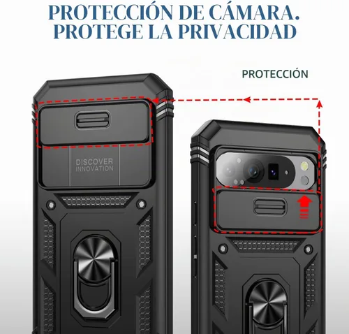 Vista 3 de Funda para Pixel 9 Pro XL con cubierta deslizante para cámara, 2 protectores de pantalla de vidrio templado, soporte de anillo giratorio de 360°
