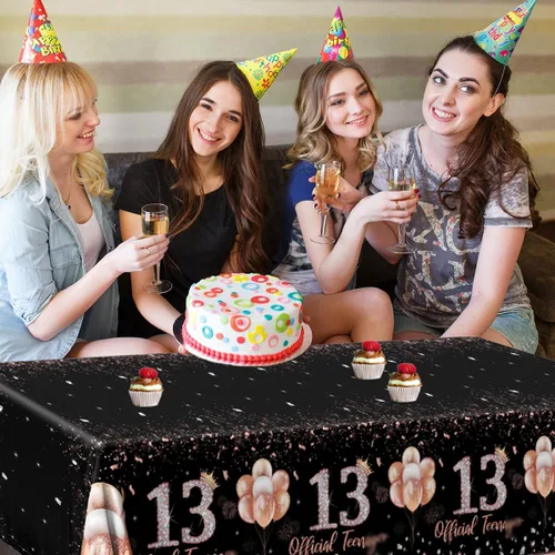 Vista 5 de GREHUMOR 3 manteles de fiesta de cumpleaños número 13 para niñas, color oro rosa, suministros de fiesta de cumpleaños de 13 años, cubierta de mesa