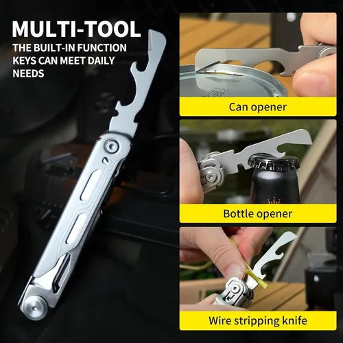 Vista 7 de Multiherramienta 9 en 1, mini herramienta EDC de bolsillo, tijeras plegables, rompeventanas de acero de tungsteno, sierra, cortador de cuerda