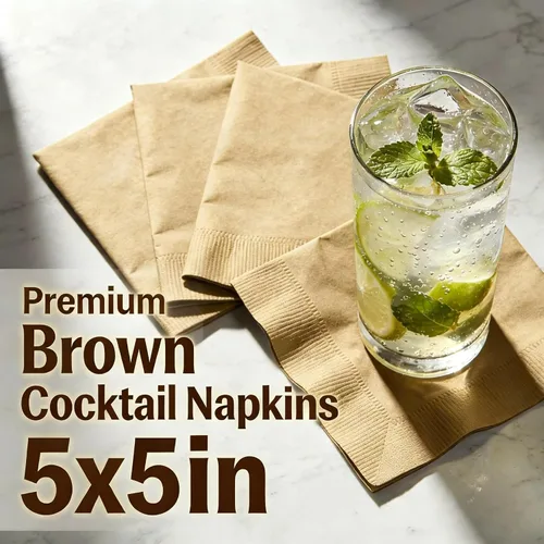 Vista 4 de 200 servilletas de cóctel, servilletas desechables de postre de 2 capas, servilletas de papel marrón plegadas de 5 x 5 pulgadas para fiestas, bodas