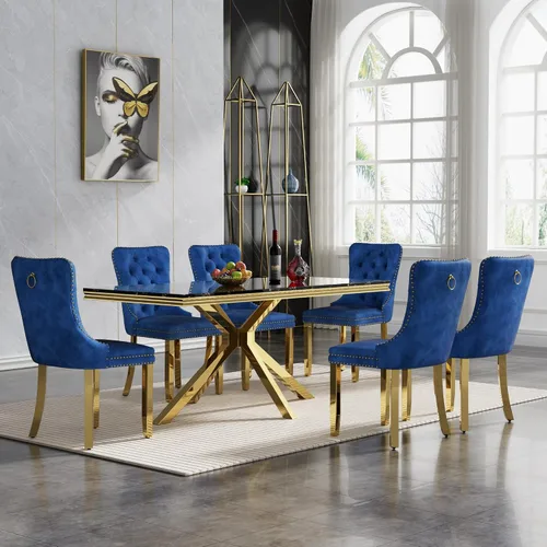Vista 23 de HomVent - Juego de mesa de comedor de mármol sintético de 68 pulgadas con 4 sillas de terciopelo para cocina Modern Rectangular Faux Marble
