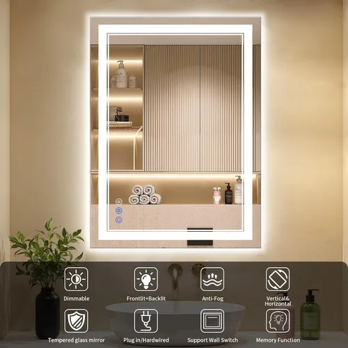 Vista 8 de Espejo de baño LED de 22 x 30 pulgadas con luces, antiniebla, retroiluminado + luz frontal, regulable, espejo de tocador LED para pared, espejo